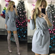 Load image into Gallery viewer, 2019 Autumn Women Casual  Sashes Long Sleeve Straight Dress Ladies V Neck Solid Mini dress Vintage Fashion Female Party Dresses