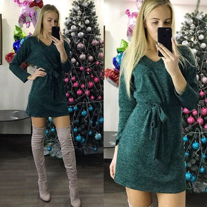 2019 Autumn Women Casual  Sashes Long Sleeve Straight Dress Ladies V Neck Solid Mini dress Vintage Fashion Female Party Dresses