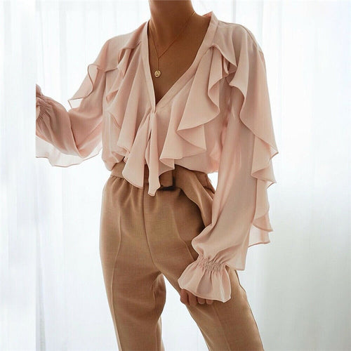 Women Ladies Chiffon Ruffle Bell Sleeve Loose  Shirt Top Summer Blouse Tops UK