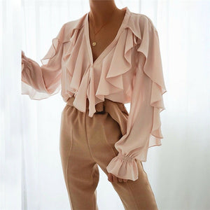 Women Ladies Chiffon Ruffle Bell Sleeve Loose  Shirt Top Summer Blouse Tops UK
