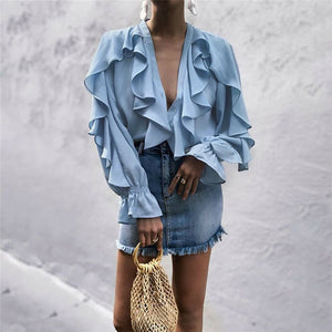 Women Ladies Chiffon Ruffle Bell Sleeve Loose  Shirt Top Summer Blouse Tops UK