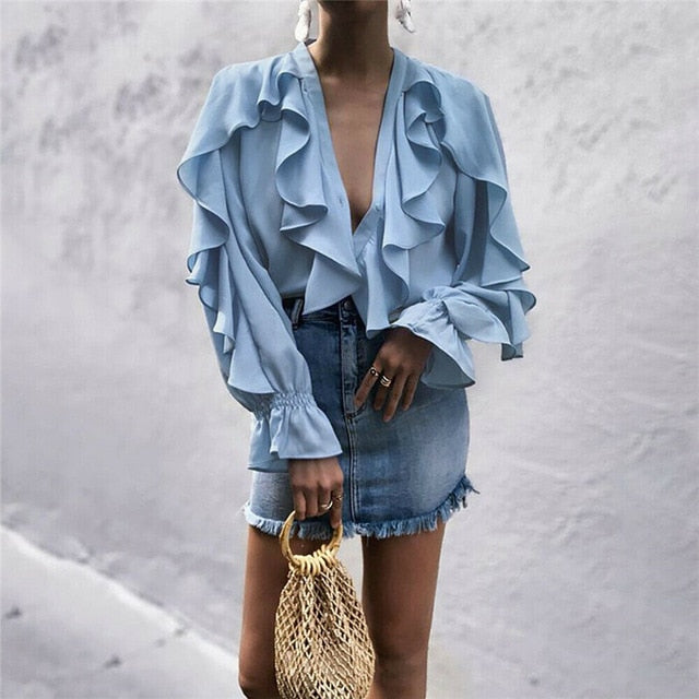 Women Ladies Chiffon Ruffle Bell Sleeve Loose  Shirt Top Summer Blouse Tops UK