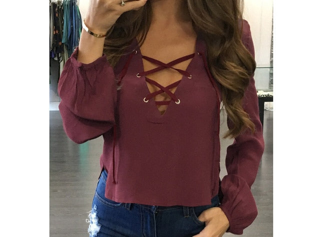 2019 Autumn Fashion Womens Shirts Sexy Lace Up Bandage V-Neck Long Sleeve Solid Color Shirts Tops Loose Blouse Casual Shirt Tops