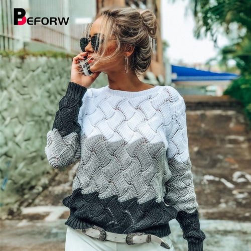 BEFORW 2019 Women Winter Long Sleeve Crewneck Knitted Pullover Sweater Vintage Splice Casual Fall Womens Sweaters Pullovers Tops
