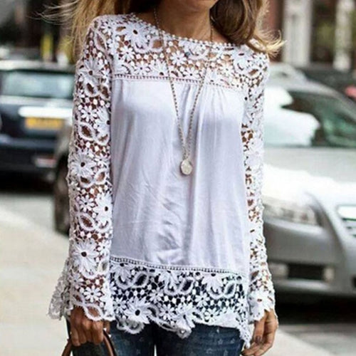 Wenyujh Women Lace Chiffon Flower Hollow-out Long Sleeve Shirts Casual Feminine Solid Blouses 2019 Fashion Spring Autumn Tops