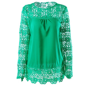 Wenyujh Women Lace Chiffon Flower Hollow-out Long Sleeve Shirts Casual Feminine Solid Blouses 2019 Fashion Spring Autumn Tops