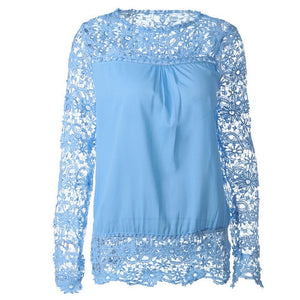 Wenyujh Women Lace Chiffon Flower Hollow-out Long Sleeve Shirts Casual Feminine Solid Blouses 2019 Fashion Spring Autumn Tops