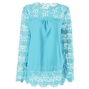 Wenyujh Women Lace Chiffon Flower Hollow-out Long Sleeve Shirts Casual Feminine Solid Blouses 2019 Fashion Spring Autumn Tops