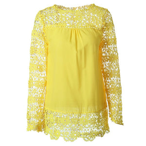 Wenyujh Women Lace Chiffon Flower Hollow-out Long Sleeve Shirts Casual Feminine Solid Blouses 2019 Fashion Spring Autumn Tops