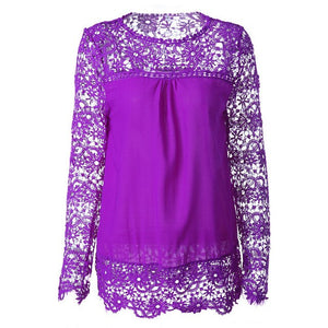 Wenyujh Women Lace Chiffon Flower Hollow-out Long Sleeve Shirts Casual Feminine Solid Blouses 2019 Fashion Spring Autumn Tops