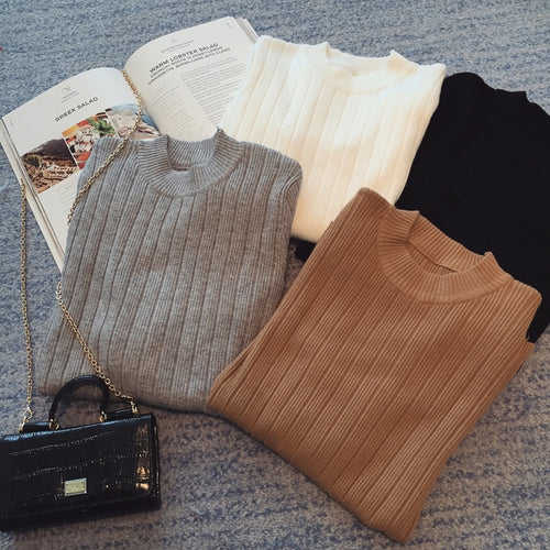 2019 Autumn New Korean Solid Color Joker Crew Neck Slim Fit PulloverThread Knit Basic Women Sweater