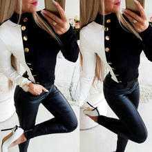 Load image into Gallery viewer, 2019 Fall Tops Long Sleeve Sexy Tops and Shirt Casual Turtleneck Button Balck White Patchwork SkInny Long Sleeve Women Blouse