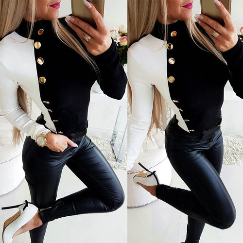 2019 Fall Tops Long Sleeve Sexy Tops and Shirt Casual Turtleneck Button Balck White Patchwork SkInny Long Sleeve Women Blouse