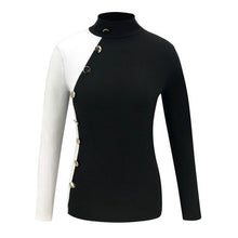 Load image into Gallery viewer, 2019 Fall Tops Long Sleeve Sexy Tops and Shirt Casual Turtleneck Button Balck White Patchwork SkInny Long Sleeve Women Blouse