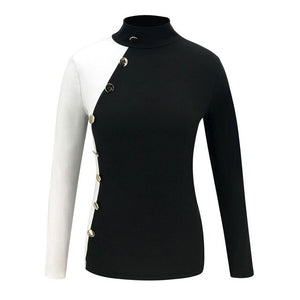 2019 Fall Tops Long Sleeve Sexy Tops and Shirt Casual Turtleneck Button Balck White Patchwork SkInny Long Sleeve Women Blouse