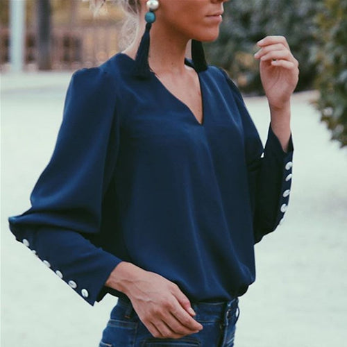 Women  Sexy V neck Back Button Blouse Office Ladies Long Sleeve Casual Solid Shirt And Tops 2019 Autumn New Fashion Women Tops