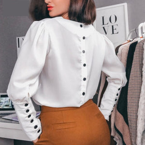 Women  Sexy V neck Back Button Blouse Office Ladies Long Sleeve Casual Solid Shirt And Tops 2019 Autumn New Fashion Women Tops