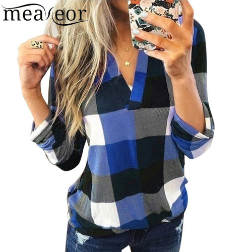 Women Casual Top V-Neck Long Sleeve Plaid Patchwork Pullover Blouse Lace Spring Autumn