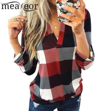 Load image into Gallery viewer, Women Casual Top V-Neck Long Sleeve Plaid Patchwork Pullover Blouse Lace Spring Autumn