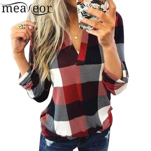 Women Casual Top V-Neck Long Sleeve Plaid Patchwork Pullover Blouse Lace Spring Autumn