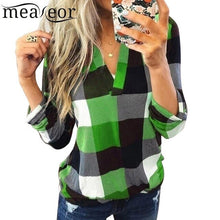 Load image into Gallery viewer, Women Casual Top V-Neck Long Sleeve Plaid Patchwork Pullover Blouse Lace Spring Autumn