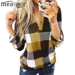 Women Casual Top V-Neck Long Sleeve Plaid Patchwork Pullover Blouse Lace Spring Autumn