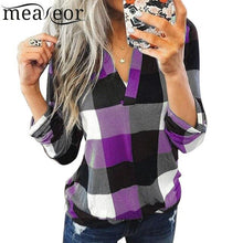 Load image into Gallery viewer, Women Casual Top V-Neck Long Sleeve Plaid Patchwork Pullover Blouse Lace Spring Autumn