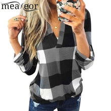 Load image into Gallery viewer, Women Casual Top V-Neck Long Sleeve Plaid Patchwork Pullover Blouse Lace Spring Autumn