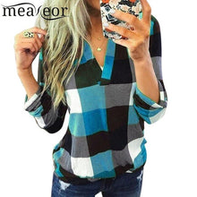 Load image into Gallery viewer, Women Casual Top V-Neck Long Sleeve Plaid Patchwork Pullover Blouse Lace Spring Autumn
