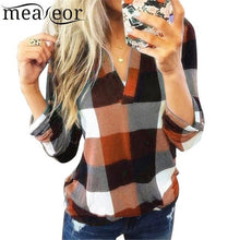 Load image into Gallery viewer, Women Casual Top V-Neck Long Sleeve Plaid Patchwork Pullover Blouse Lace Spring Autumn