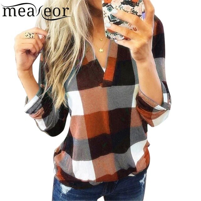 Women Casual Top V-Neck Long Sleeve Plaid Patchwork Pullover Blouse Lace Spring Autumn