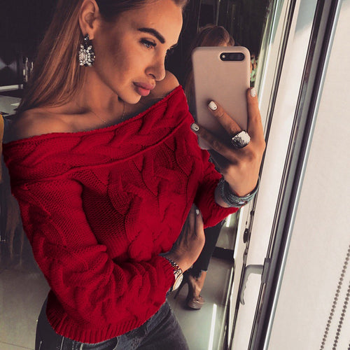 Bigsweety New Autumn Winter Long Sleeve Pullovers Women Sexy Off Shoulder Knitted Sweater Fashion Lady Sweater Tops
