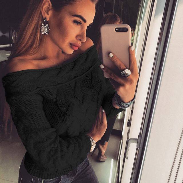 Bigsweety New Autumn Winter Long Sleeve Pullovers Women Sexy Off Shoulder Knitted Sweater Fashion Lady Sweater Tops